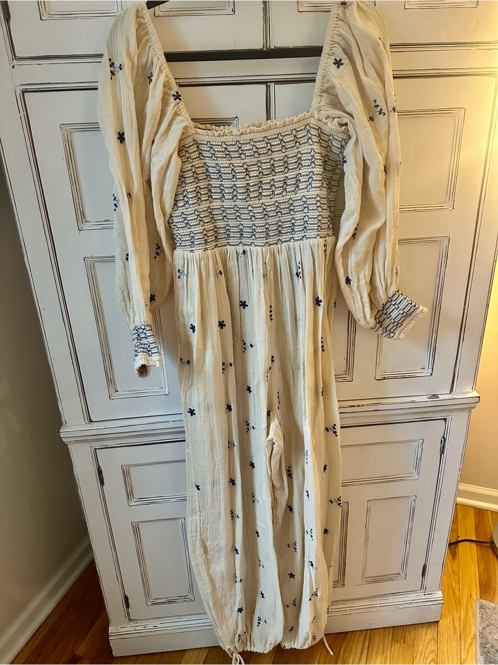 Free People Cream Smocked Jumpsuit with Navy Embroidery